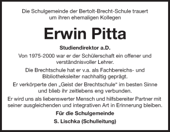 Traueranzeige von Erwin Pitta von Echo-Zeitungen (Gesamtausgabe)