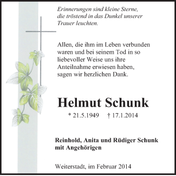 Traueranzeige von Helmut Schunk von Echo-Zeitungen (Gesamtausgabe)