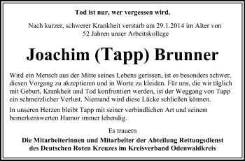 Traueranzeige von Joachim Brunner von Odenwälder Echo