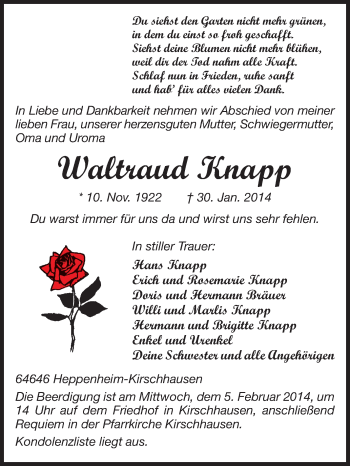 Traueranzeige von Waltraud Knapp von Starkenburger Echo