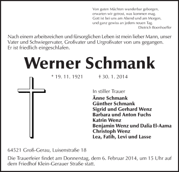 Traueranzeige von Werner Schmank von Rüsselsheimer Echo, Groß-Gerauer-Echo, Ried Echo