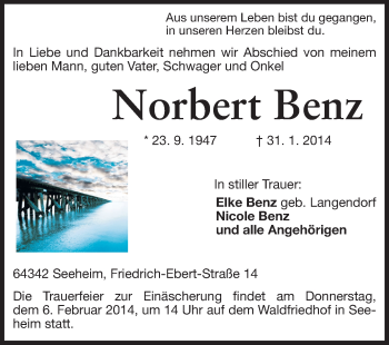 Traueranzeige von Norbert Benz von Echo-Zeitungen (Gesamtausgabe)