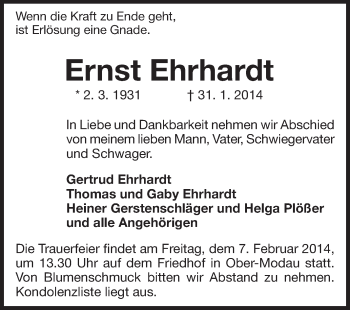 Traueranzeige von Ernst Ehrhardt von Darmstädter Echo, Odenwälder Echo, Rüsselsheimer Echo, Groß-Gerauer-Echo, Ried Echo