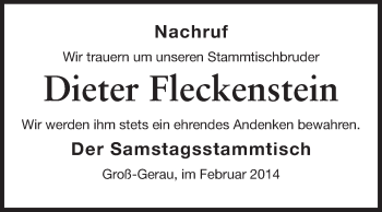 Traueranzeige von Dieter Fleckenstein von Rüsselsheimer Echo, Groß-Gerauer-Echo, Ried Echo