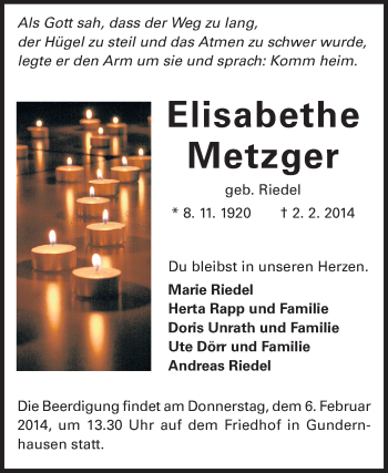 Traueranzeige von Elisabethe Metzger von Echo-Zeitungen (Gesamtausgabe)