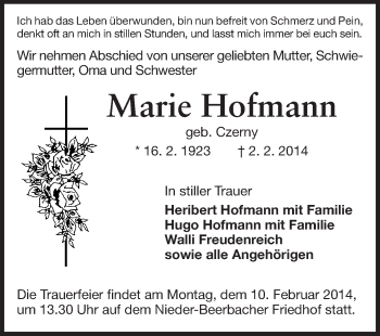 Traueranzeige von Marie Hofmann von Echo-Zeitungen (Gesamtausgabe)