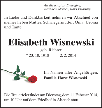 Traueranzeige von Elisabeth Wisnewski von Echo-Zeitungen (Gesamtausgabe)