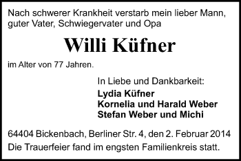 Traueranzeige von Willi Küfner von Echo-Zeitungen (Gesamtausgabe)