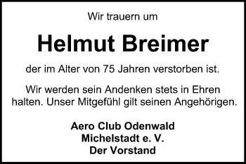 Traueranzeige von Helmut Breimer von Odenwälder Echo