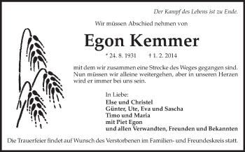 Traueranzeige von Egon Kemmer von Rüsselsheimer Echo, Groß-Gerauer-Echo, Ried Echo