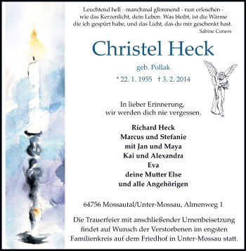 Traueranzeige von Christel Heck von Odenwälder Echo