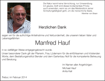 Traueranzeige von Manfred Hauf von Rüsselsheimer Echo, Groß-Gerauer-Echo, Ried Echo