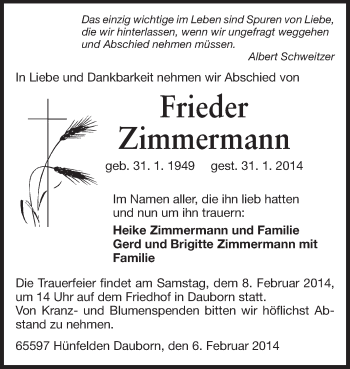 Traueranzeige von Frieder Zimmermann von Odenwälder Echo