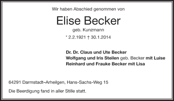 Traueranzeige von Elise Becker von Echo-Zeitungen (Gesamtausgabe)