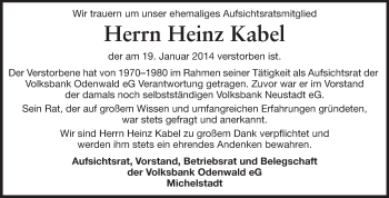 Traueranzeige von Heinz Kabel von Odenwälder Echo