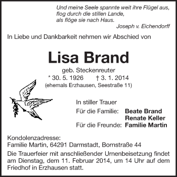 Traueranzeige von Liesa Brand von Darmstädter Echo, Odenwälder Echo, Rüsselsheimer Echo, Groß-Gerauer-Echo, Ried Echo