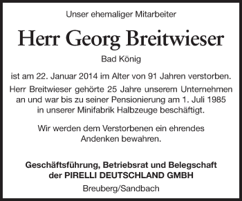 Traueranzeige von Georg Breitwieser von Odenwälder Echo
