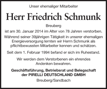 Traueranzeige von Friedrich Schmunk von Odenwälder Echo