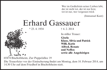 Traueranzeige von Erhard Gassauer von Rüsselsheimer Echo, Groß-Gerauer-Echo, Ried Echo