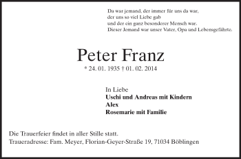Traueranzeige von Peter Franz von Echo-Zeitungen (Gesamtausgabe)