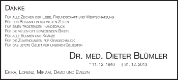 Traueranzeige von Dieter Blümler von Echo-Zeitungen (Gesamtausgabe)