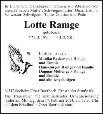 Traueranzeige von Lotte Ramge von Echo-Zeitungen (Gesamtausgabe)