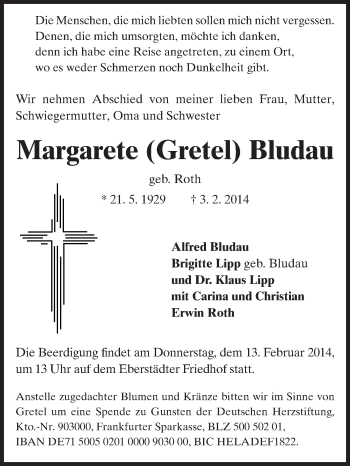 Traueranzeige von Margarete Bludau von Echo-Zeitungen (Gesamtausgabe)