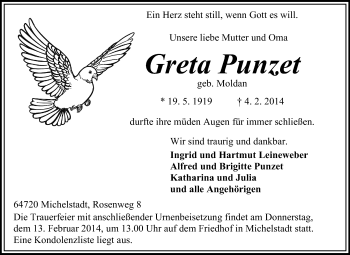 Traueranzeige von Greta Punzet von Odenwälder Echo