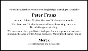 Traueranzeige von Peter Franz von Echo-Zeitungen (Gesamtausgabe)