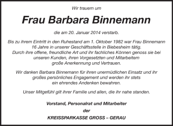 Traueranzeige von Barbara Binnemann von Rüsselsheimer Echo, Groß-Gerauer-Echo, Ried Echo
