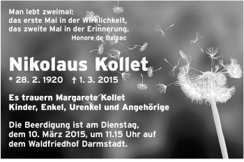 Traueranzeige von Nikolaus Kollet von Echo-Zeitungen (Gesamtausgabe)