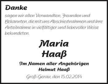Traueranzeige von Maria Haaß von Rüsselsheimer Echo, Groß-Gerauer-Echo, Ried Echo
