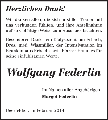Traueranzeige von Wolfgang Federlin von Odenwälder Echo