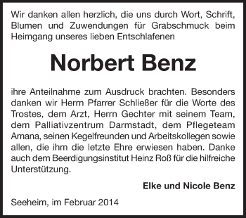 Traueranzeige von Norbert Benz von Echo-Zeitungen (Gesamtausgabe)
