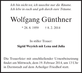 Traueranzeige von Wolfgang Günthner von Echo-Zeitungen (Gesamtausgabe)