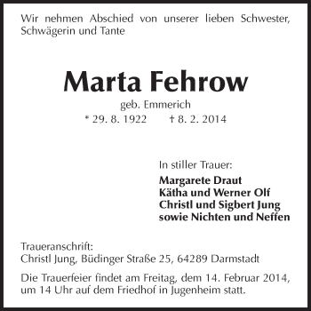 Traueranzeige von Marta Fehrow von Echo-Zeitungen (Gesamtausgabe)