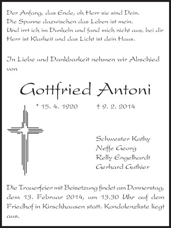 Traueranzeige von Gottfried Antoni von Starkenburger Echo