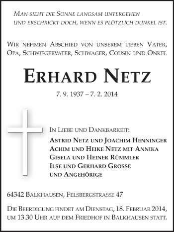 Traueranzeige von Erhard Netz von Echo-Zeitungen (Gesamtausgabe)