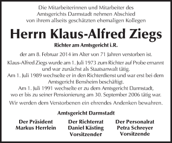 Traueranzeige von Klaus-Alfred Ziegs von Echo-Zeitungen (Gesamtausgabe)