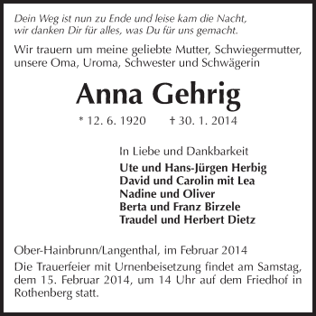 Traueranzeige von Anna Gehrig von Odenwälder Echo