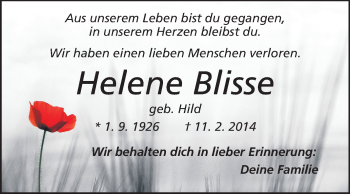 Traueranzeige von Helene Blisse von Echo-Zeitungen (Gesamtausgabe)