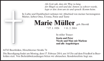 Traueranzeige von Marie Müller von Odenwälder Echo