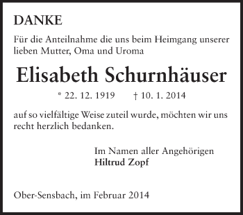 Traueranzeige von Elisabeth Schurnhäuser von Odenwälder Echo