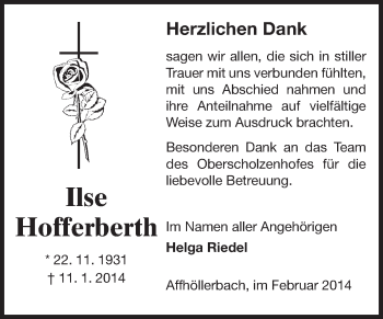 Traueranzeige von Ilse Hofferberth von Echo-Zeitungen (Gesamtausgabe)