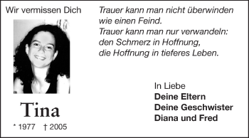 Traueranzeige von Tina Heckwolf von Darmstädter Echo, Odenwälder Echo, Rüsselsheimer Echo, Groß-Gerauer-Echo, Ried Echo