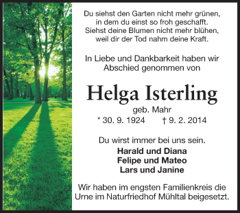 Traueranzeige von Helga Isterling von Echo-Zeitungen (Gesamtausgabe)