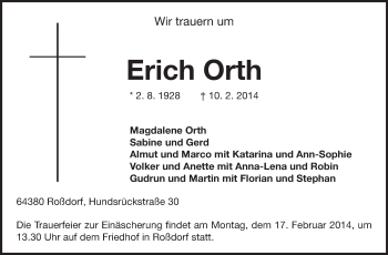 Traueranzeige von Erich Orth von Echo-Zeitungen (Gesamtausgabe)