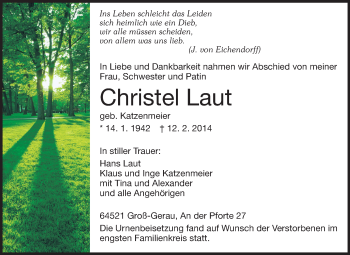 Traueranzeige von Christel Laut von Rüsselsheimer Echo, Groß-Gerauer-Echo, Ried Echo