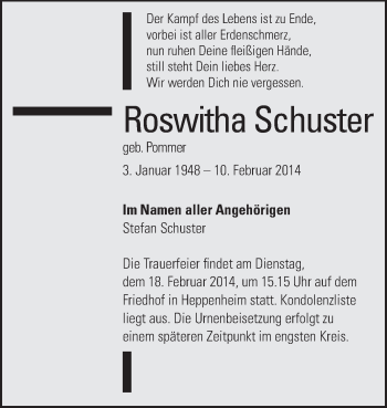 Traueranzeige von Roswitha Schuster von Starkenburger Echo