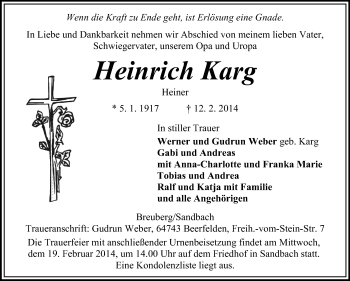 Traueranzeige von Heinrich Karg von Odenwälder Echo